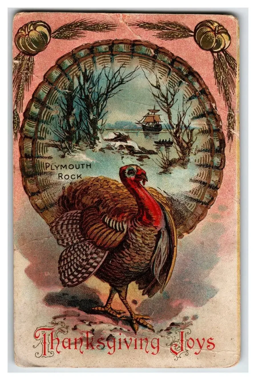 Vintage Thanksgiving Turkey Plymouth Rock Mayflower Ship Postcard S. 501-A